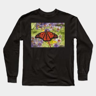 Monarch Butterfly On Purple Flowers Watercolor Batik Long Sleeve T-Shirt